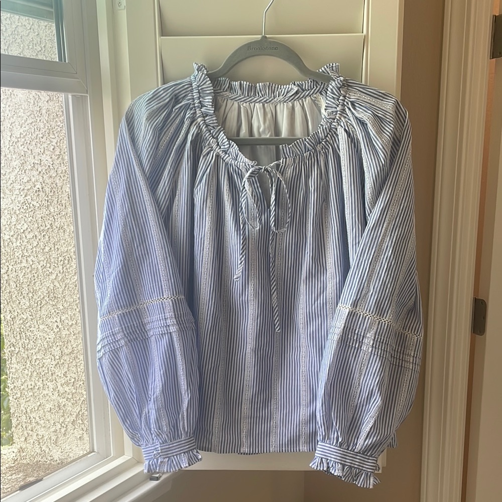 Blue and White Striped Peasant Top Blouse